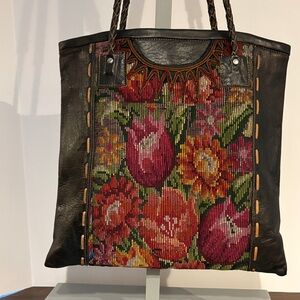 Boho Black Leather Tote with Multicolor Tapestry Floral Front Panel